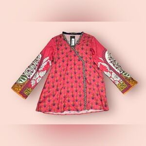 Kurti Tunic Top Women Sz XS Printed Cambric Eastern Ethnic Boho Floral Pink